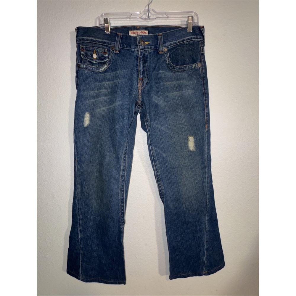 Guess Women's Jeans Size 33 Mid Rise Cropped Dirty Wash Vintage‎ Y2K Distressed